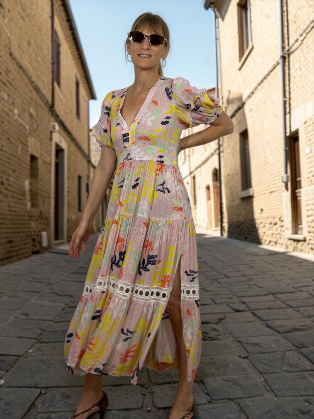 Lem Lem Reef Flutter Sleeve Maxi Dress M Pink Tiered Short Sleeve